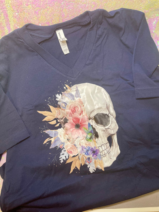 Skull and Flower V-Neck T-Shirt
